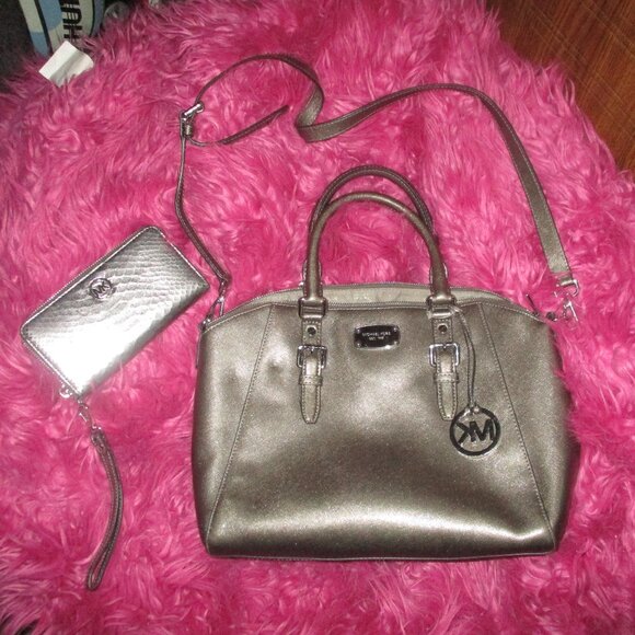 Michael Kors Ciara metallic silver Nickel  large satchel & wallet - Picture 1 of 15